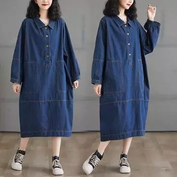 DIMANAF Plus Size 2024 Осень Женское Новое Джинсовое Платье Повседневное Винтажное Свободное Платье Оверсайз Длинный Рукав Базовый L синий