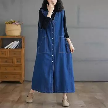 Dimanaf Плюс размер 2024 осень женское джинсовое платье повседневное винтажное свободное платье большого размера без рукавов синее базовое L синий