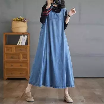 DIMANAF Plus Size 2024 Осень Женское Джинсовое Платье Хлопок Повседневное Винтажное Свободное Платье Оверсайз Без Рукавов Базовое L синий