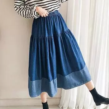 DIMANAF Плюс Размер 2024 Женская Юбка Летняя Джинсовая Базовая Эластичная Талия Синяя Базовая Свободная Оверсайз XL