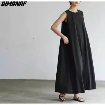 Dimanaf Плюс размер 2024, женское летнее базовое длинное платье, базовое платье макси большого размера, свободные платья миди без рукавов, повседневное