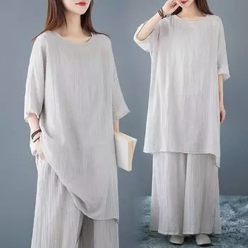 Dimanaf Плюс Размер 2025 Летние Брючные Костюмы Женские Комплекты Однотонные Костюмы Свободные Рубашки Длинные Брюки Повседневная Льняная Одежда M серый