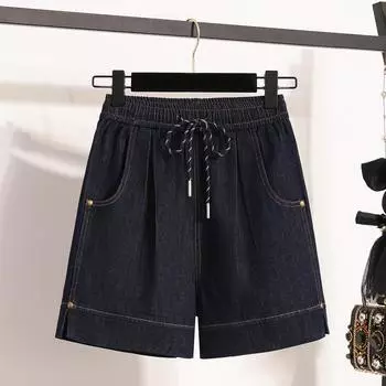 Dimanaf Плюс размер 2025 Женские шорты брюки Летние свободные джинсы Короткие базовые брюки с высокой талией и карманами Эластичный пояс XL темно-синий