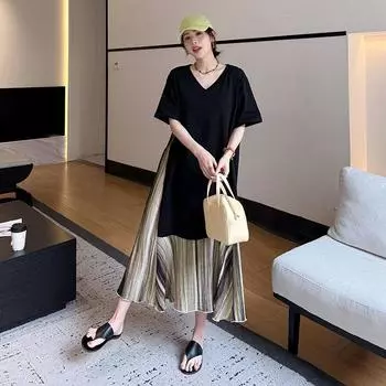 Dimanaf Плюс размер 2025 Женское длинное платье Базовое винтажное летнее платье-рубашка с коротким рукавом Повседневное свободное платье L чёрный