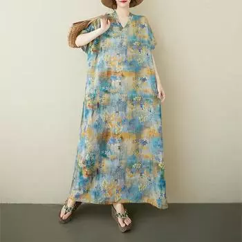 Dimanaf Плюс размер 2025 Женское летнее платье с коротким рукавом Базовое повседневное свободное платье в стиле бохо с цветочным принтом Новое One Size синий