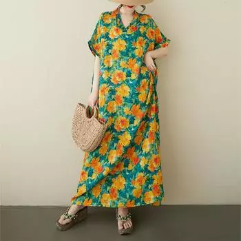 Dimanaf Плюс размер 2025 Женское летнее платье с коротким рукавом Базовое повседневное свободное бохо-цветочное платье Новое One Size зелёный