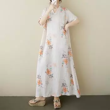 Dimanaf Плюс размер 2025 Женское летнее платье с коротким рукавом Базовое повседневное свободное льняное платье с цветочным принтом Новое One Size белый