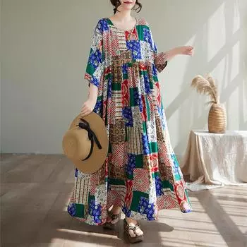 Dimanaf Плюс размер 2025 Женское летнее платье с коротким рукавом Базовое повседневное свободное длинное платье с винтажным принтом Новое One Size синий