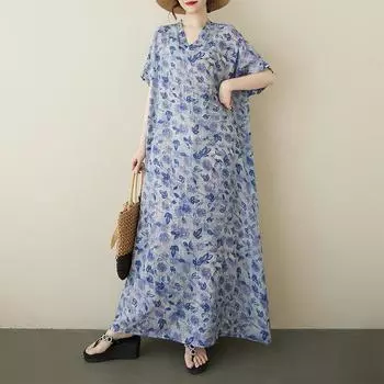 Dimanaf Плюс размер 2025 Женское летнее платье с коротким рукавом Базовое повседневное свободное платье с V-образным вырезом и цветочным принтом Новое One Size синий