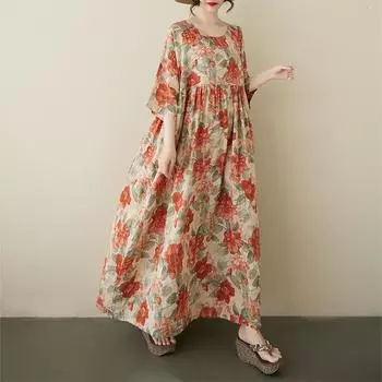 Dimanaf Плюс размер 2025 Женское летнее повседневное платье с коротким рукавом Базовое свободное длинное платье с цветочным принтом Новое One Size оранжевый