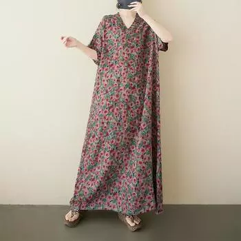 Dimanaf Плюс размер 2025 Женское летнее повседневное платье с коротким рукавом Базовое свободное платье с V-образным вырезом и цветочным принтом Новое One Size красный