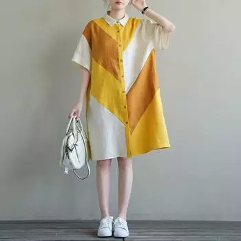 DIMANAF Плюс Размер Льняная Блузка Платье Женская 2025 Цветная Новая Летняя Стильная Рубашка О-Образным Вырезом Свободная Новая One Size жёлтый