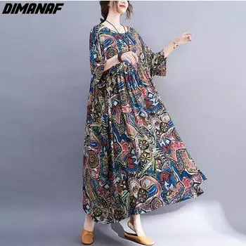 DIMANAF Плюс Размер Летнее Платье Пляжная Повседневная Женская Одежда Большое 2022 Новое Платье Модный Сарафан One Size синий