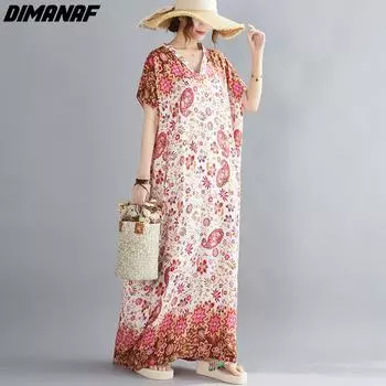 DIMANAF Плюс Размер Летнее платье V-образный вырез Пляжный сарафан Лен Цветочный Розовый Повседневная Женская одежда