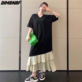 DIMANAF Плюс Размер Летнее Женское Пляжное Платье Сарафан Черное Свободное Повседневное Женское Длинное Платье Макси