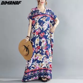 DIMANAF Плюс Размер Летний стиль Платье Пляжный сарафан Лен V-образный вырез Цветочный Черный Повседневная женская одежда