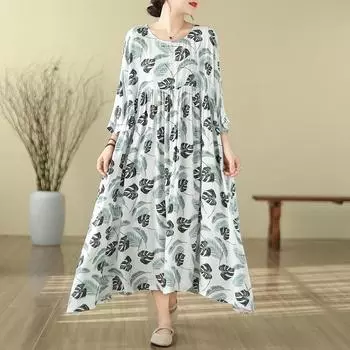 DIMANAF Плюс Размер Летний Стиль Женское Длинное Платье 2024 Новое льняное свободное платье с короткими рукавами и круглым вырезом 1312