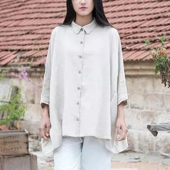 DIMANAF плюс размер, лето 2024, новая женская футболка «летучая мышь», однотонная льняная блузка с пуговицами, топы, льняная рубашка, свободные новые футболки в стиле ретро, фиолетовые One Size