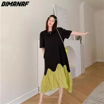 Dimanaf Плюс Размер Лето Футболка Платье Пляжные Женские Хлопковые Узоры С Принтом Свободные Длинные Платья 5827 XL чёрный