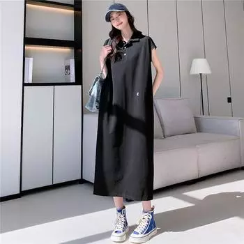 DIMANAF Плюс Размер Лето Футболка Платье Поло Женщин Свободный Винтаж Хлопок Повседневный Базовый Короткий Рукав Длинное Платье XL чёрный