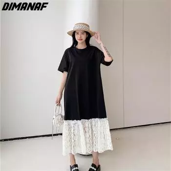 Dimanaf Плюс Размер Лето Футболка Платье Женское Хлопок Свободное Кружевное Платье Пляжное Сетчатое Женское Платье Белое XL чёрный