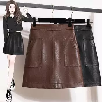 DIMANAF Большой размер Новая 2025 Весна Женская однотонная юбка Юбка из ПУ кожи Эластичная талия Модная А-силуэтная юбка 5XL L чёрный