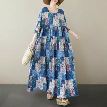 Dimanaf Плюс размер Новое 2025 женское летнее платье с коротким рукавом Базовое повседневное свободное винтажное пляжное длинное платье One Size синий