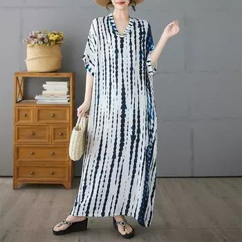 Dimanaf Плюс размер Новое летнее длинное платье с принтом 2025 года Женское базовое винтажное пляжное повседневное платье с V-образным вырезом Свободное платье One Size белый
