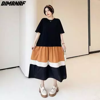 DIMANAF Плюс Размер Новое Летнее Стильное Женское Платье Лоскутное Повседневное Свободное Платье Праздничное Длинное Платье Оверсайз 2024 XL чёрный