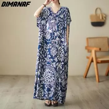 DIMANAF Плюс Размер Платье Женщины 2023 Новый V-образный вырез Летний стиль Рубашка Платья O-Neck Цветочные свободные платья Новые