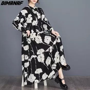 DIMANAF Плюс Размер Весна Лето Женское Платье Модное Пляжное Элегантное Шифоновое Длинное Платье Негабаритных Свободное Платье-Рубашка Цветочный Принт Черный