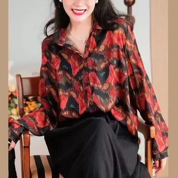 DIMANAF Плюс Размер Весна Рубашка Женская Блузка Шифон Длинный Рукав Модные Цветочные Топы Свободные 2025 Новинка One Size красный