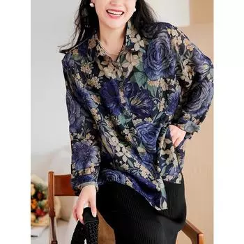 DIMANAF Плюс Размер Весна Шифон Рубашка Длинный Рукав Женская Блузка Модные Цветочные Топы Свободные 2025 Новинка One Size темно-синий