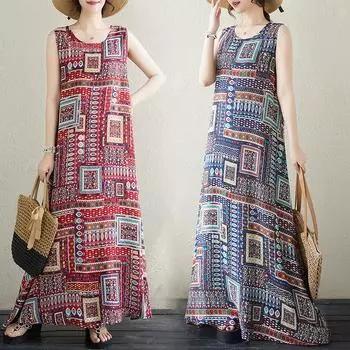 Dimanaf Плюс размер женщин 2024 новое летнее длинное базовое платье без рукавов с цветочным принтом без рукавов повседневное праздничное богемное пляжное платье