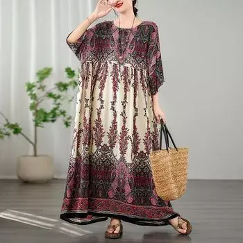 DIMANAF Плюс Размер Женщин 2024 Новое Летнее Длинное Базовое О-Образное Повседневное Пляжное Праздничное Винтажное Платье-футболка с Принтом