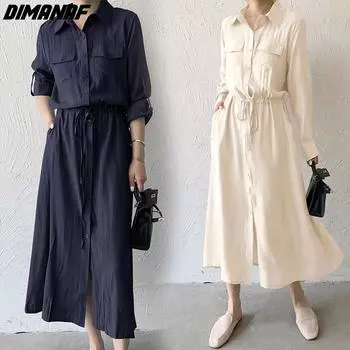 Dimanaf Плюс размер женщин 2024 новое летнее платье-рубашка карманный дизайн свободное платье модные повседневные однотонные платья на пуговицах