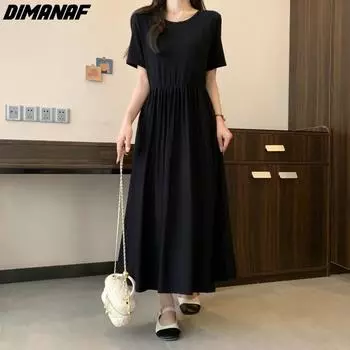 DIMANAF плюс размер женская 2024 новая однотонная летняя плиссированная повседневная хлопковая футболка большого размера с короткими рукавами длинное платье