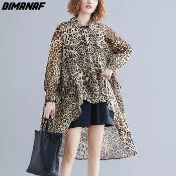 DIMANAF Плюс Размер Женская Блузка Леопардовые Летние Шифоновые Базовые Рубашки Лоскутные Офисные Длинные Свободные Повседневные Базовые Корейские Женские Оверсайз