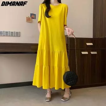 DIMANAF плюс размер женское 2024 новое хлопковое летнее длинное базовое платье-футболка оверсайз с круглым вырезом повседневное желтое платье-футболка с короткими рукавами