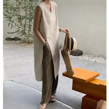 DIMANAF плюс размер женское 2024 новое льняное летнее длинное базовое платье-рубашка без рукавов с v-образным вырезом и v-образным вырезом
