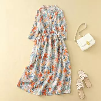 DIMANAF Плюс Размер Женское 2024 Новое летнее длинное базовое платье большого размера с цветочным принтом повседневное с короткими рукавами и принтом