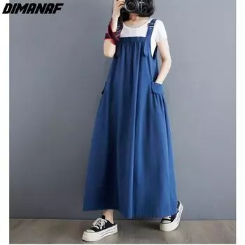 DIMANAF Плюс Размер Женское 2024 Новое летнее платье без рукавов Свободное женское платье Элегантные однотонные платья с карманами