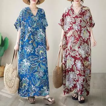 DIMANAF плюс размер женское 2024 новое летнее длинное базовое платье оверсайз с цветочным принтом повседневное с v-образным вырезом винтажное платье-рубашка с короткими рукавами
