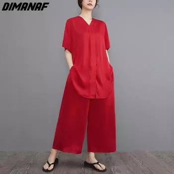 DIMANAF плюс размеры 2023, толстовка, комплект из двух предметов, брючные костюмы, женские однотонные льняные костюмы с короткими рукавами, свободная повседневная мягкая тонкая одежда оверсайз
