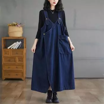 DIMANAF Plus Size 2024 Осень Женское Новое Джинсовое Платье Повседневное Винтажное Свободное Платье Оверсайз Пояс Базовый Без Рукавов L синий