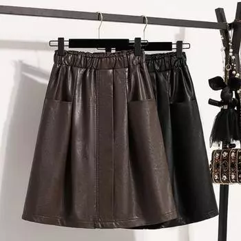 DIMANAF Plus Size 2024 Осень Зима Женская Новая Юбка Юбка из искусственной кожи Большой Размер Эластичная Талия Модная Юбка А-силуэта Однотонная S чёрный