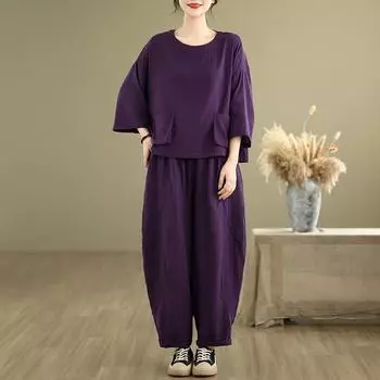 DIMANAF Plus Size 2025 Летние брюки Костюмы Женские однотонные комплекты Костюмы Свободные рубашки Длинные шаровары Повседневная одежда M фиолетовый