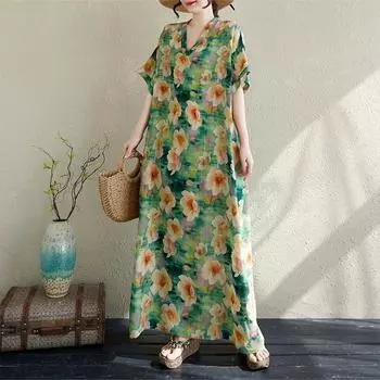 DIMANAF Plus Size 2025 Summer Dress V-Neck Women Casual Vintage Flower Dress Basic Long Loose Dress Maxi One Size зелёный