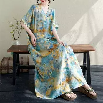 DIMANAF Plus Size 2025 Summer Dress V-Neck Women Casual Vintage Beach Dress Basic Long Loose Dress Maxi One Size синий