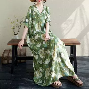 DIMANAF Plus Size 2025 Summer Dress V-Neck Women Casual Vintage Flower Dress Basic Printing Long Loose Dress Maxi One Size зелёный